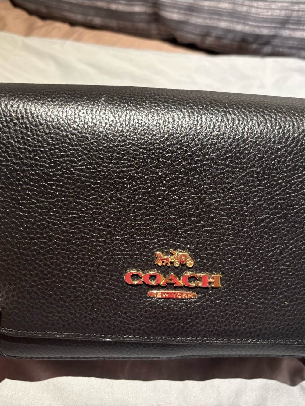 Coach Black Pebbled Leather Jes magnetic crossbody with Gold Logo Accent